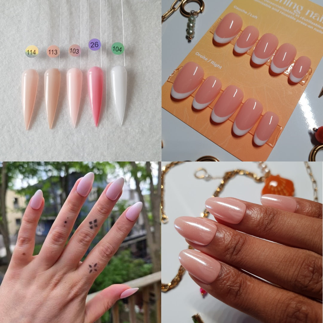 Bundle of 4 nude sets of press-on nails: solid color, french, babyboomer and glazed