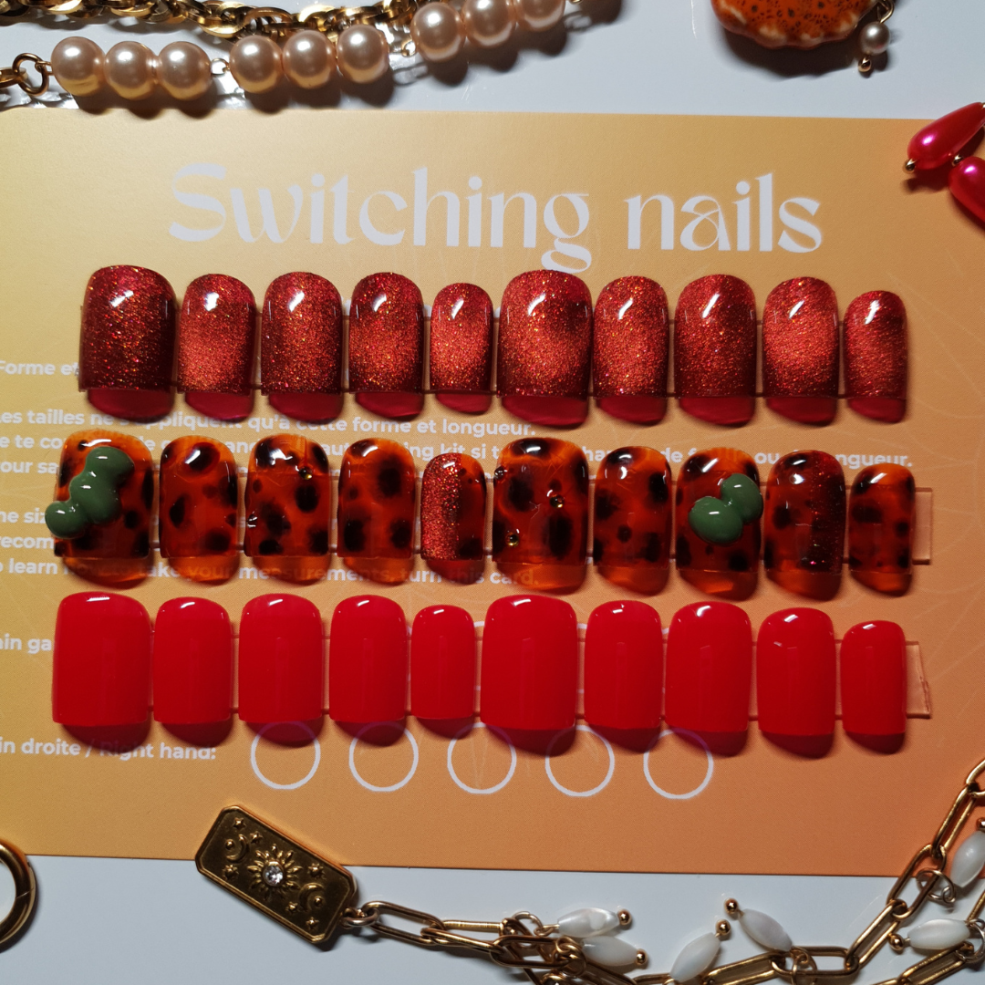 Bundle of 3 sets of red press-on nails: solid color, reflective cat-eye, and mix&match