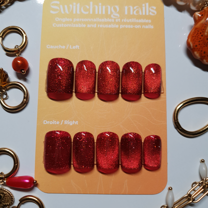 Red reflective cat-eye color on square shaped press-on nails